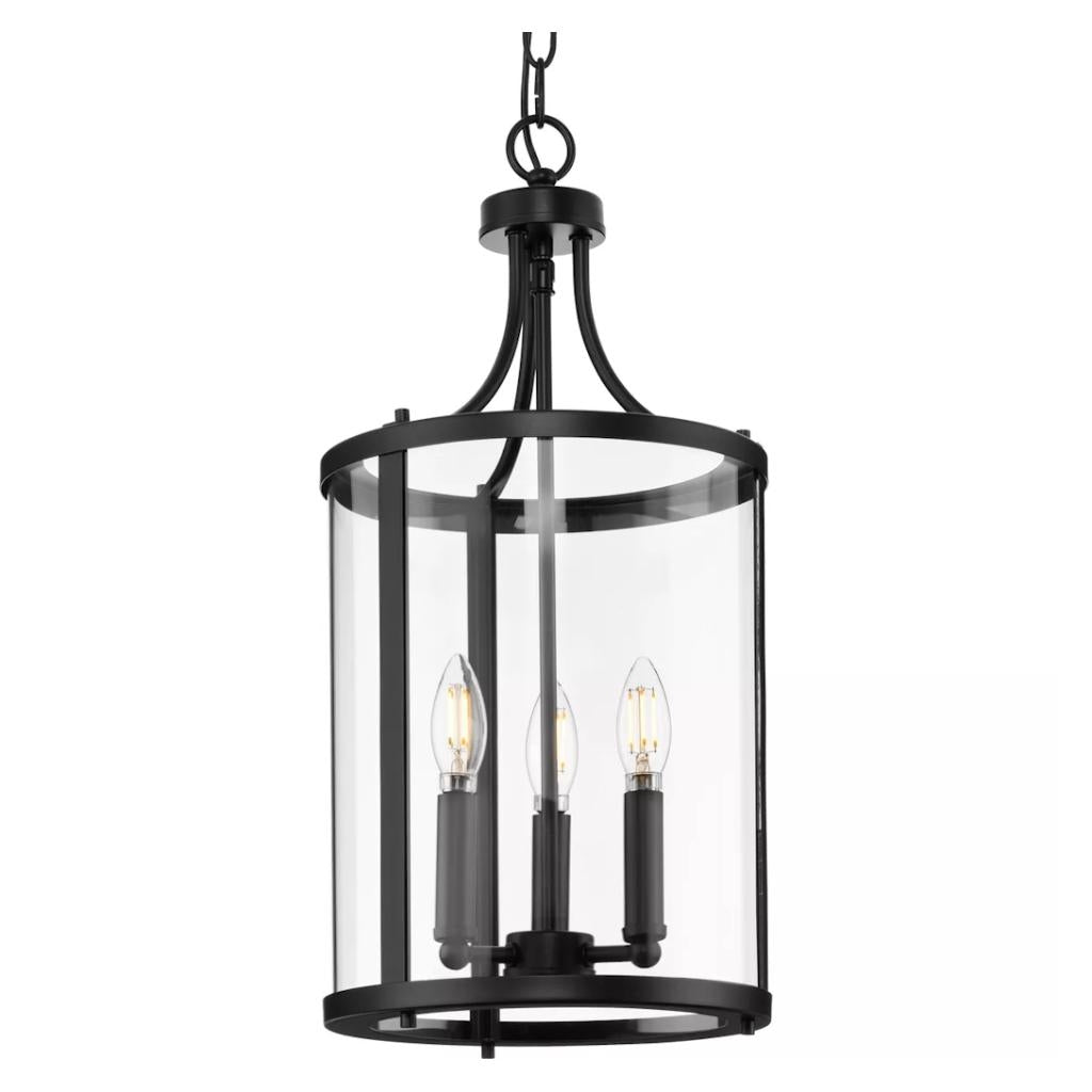 3 Light Matte Black Clear Curved Glass Panels Hall & Foyer Pendant Light Fixture 1