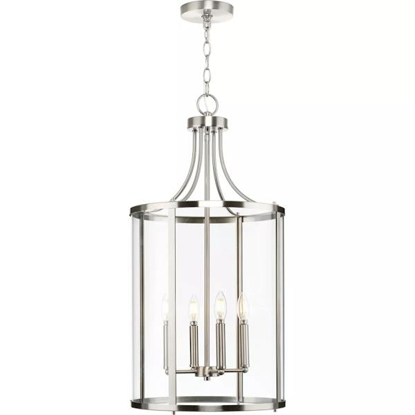 4 Light Brushed Nickel Clear Curved Glass Panels Hall & Foyer Pendant Light Fixture 3