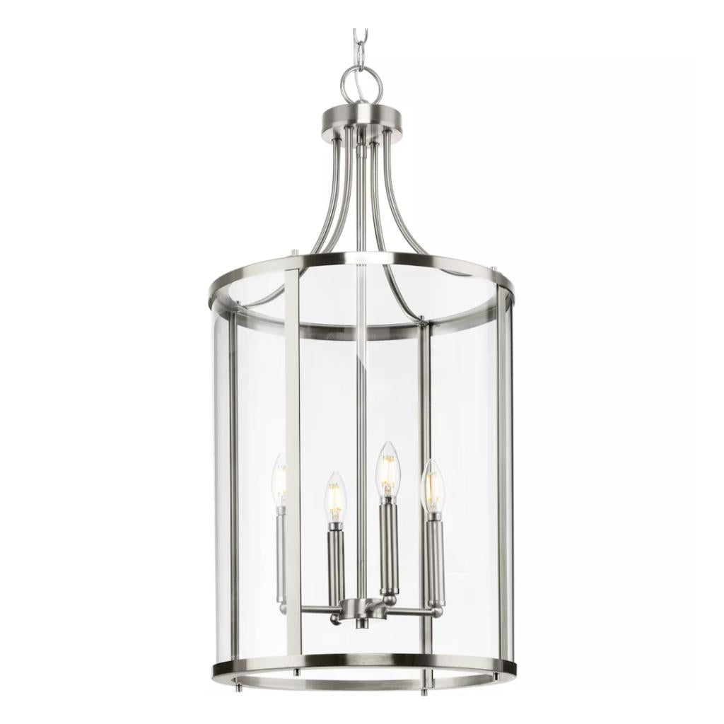 4 Light Brushed Nickel Clear Curved Glass Panels Hall & Foyer Pendant Light Fixture 1