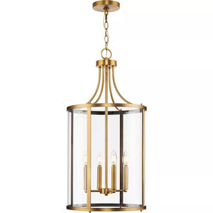 4 Light Vintage Brass Clear Curved Glass Panels Hall & Foyer Pendant Light Fixture 3