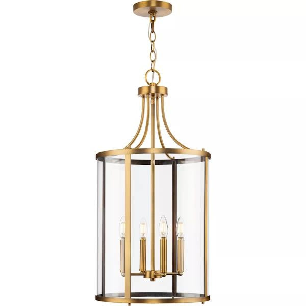 4 Light Vintage Brass Clear Curved Glass Panels Hall & Foyer Pendant Light Fixture 3
