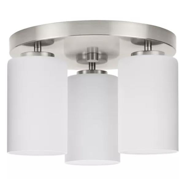 3 Light 120 volt Brushed Nickel Etched White Cylindrical Glass Ceiling Light Fixture 1