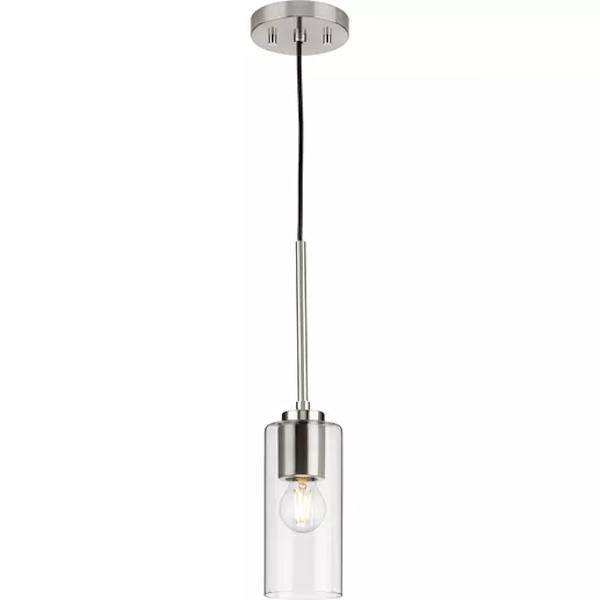 1 Light Brushed Nickel Clear Glass Cylindrical Shade Pendant Light Fixture 3