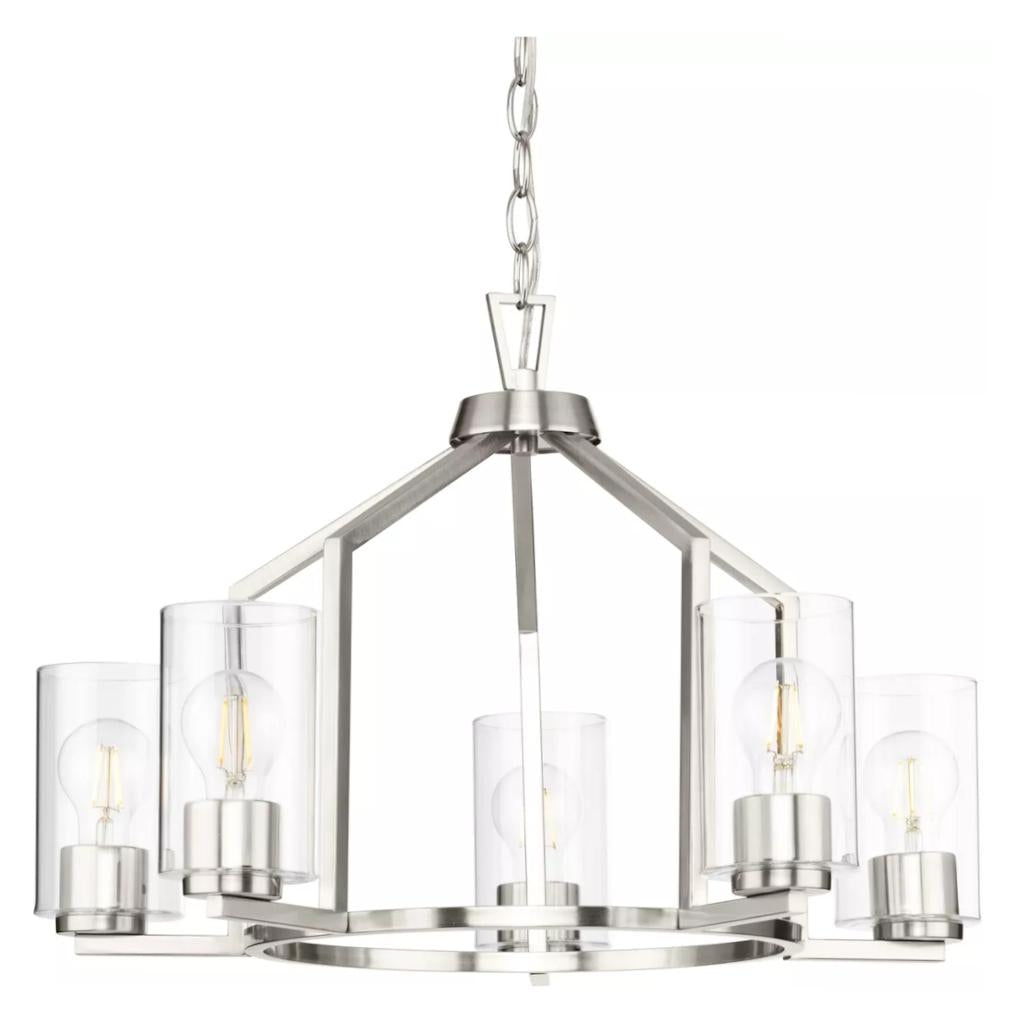 5 Light Brushed Nickel Clear Glass Shade Chandelier Light Fixture 1