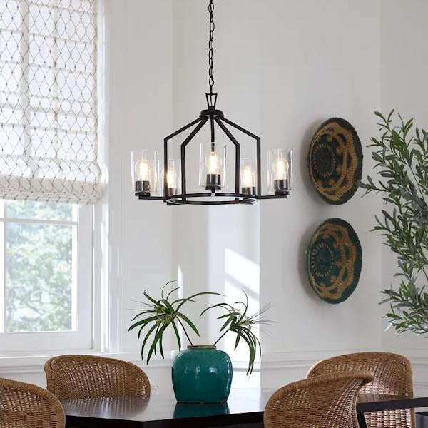 5 Light Matte Black Clear Glass Shade Chandelier Light Fixture 4