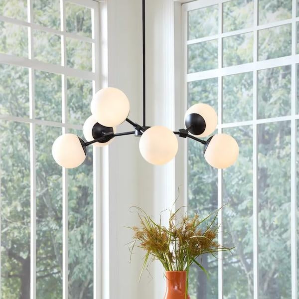 6 Light Matte Black Etched Opal Glass Shade Chandelier Light Fixture 4
