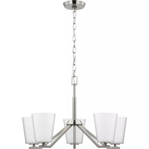 5 Light Brushed Nickel  Etched White Glass Shade Chandelier Light Fixture 3