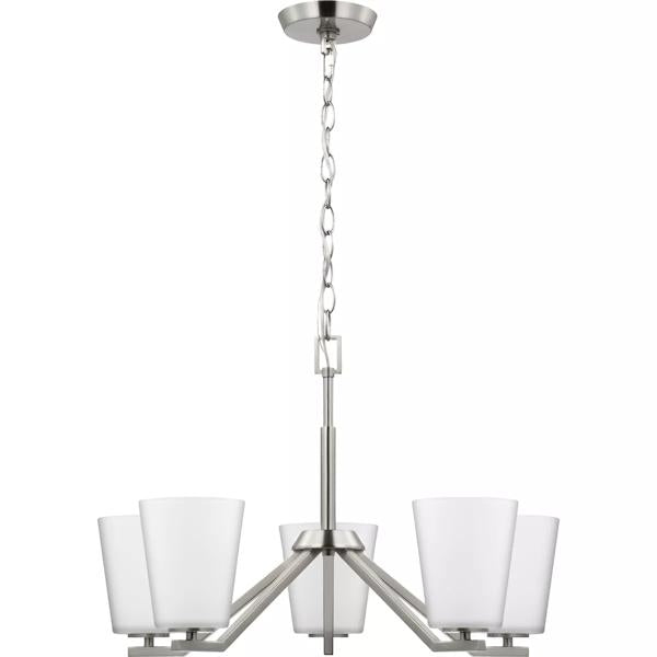 5 Light Brushed Nickel  Etched White Glass Shade Chandelier Light Fixture 3