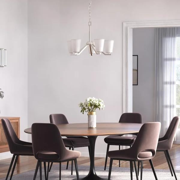 5 Light Brushed Nickel  Etched White Glass Shade Chandelier Light Fixture 4