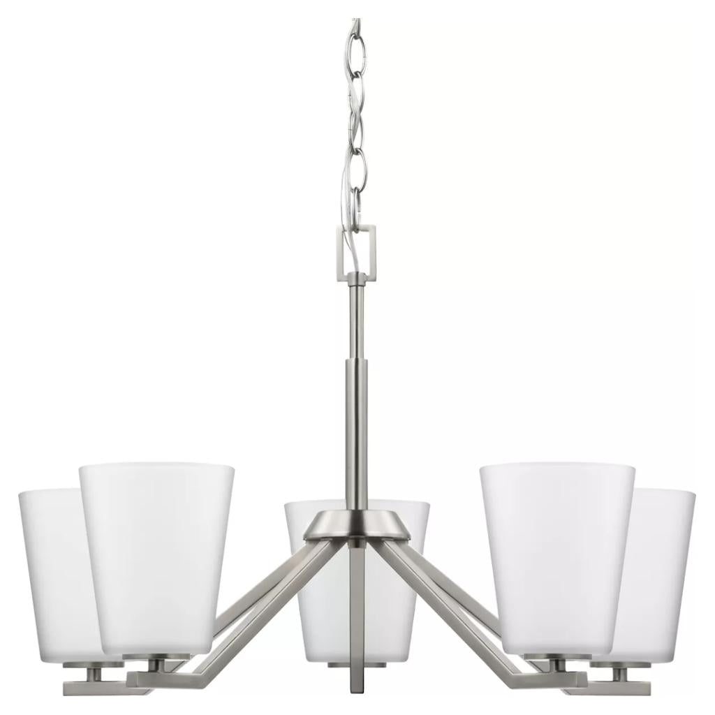5 Light Brushed Nickel  Etched White Glass Shade Chandelier Light Fixture 1