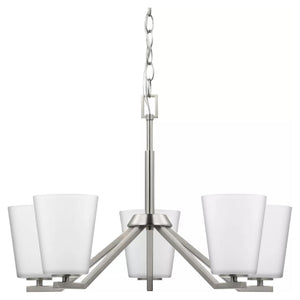 5 Light Brushed Nickel  Etched White Glass Shade Chandelier Light Fixture 1