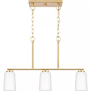 3 Light Satin Brass Etched White Glass Shade Linear Chandelier Light Fixture 2