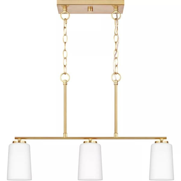 3 Light Satin Brass Etched White Glass Shade Linear Chandelier Light Fixture 2