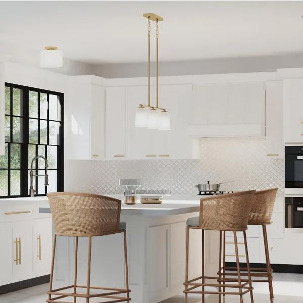 3 Light Satin Brass Etched White Glass Shade Linear Chandelier Light Fixture 3