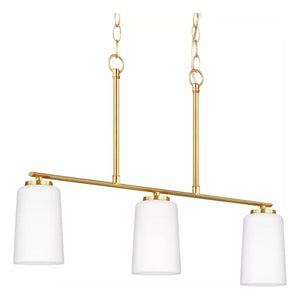 3 Light Satin Brass Etched White Glass Shade Linear Chandelier Light Fixture 1
