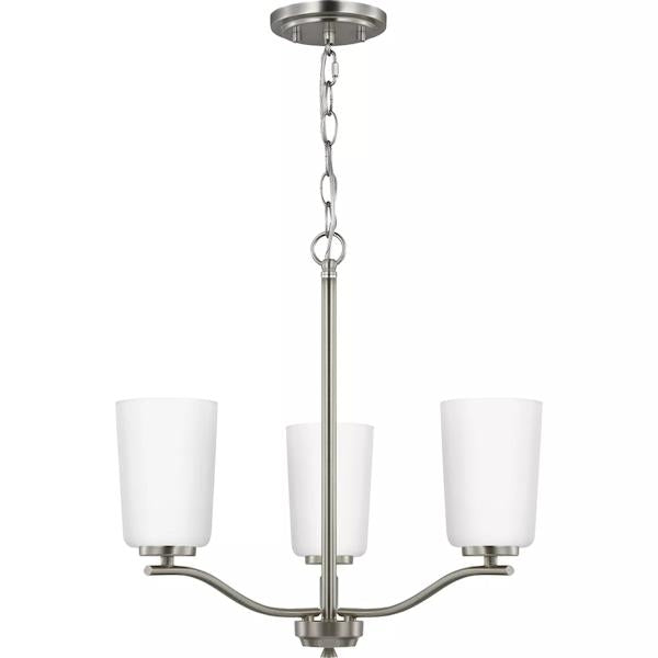 3 Light Brushed Nickel Etched White Glass Shade Convertible Chandelier Light Fixture 2