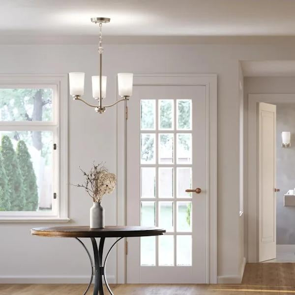 3 Light Brushed Nickel Etched White Glass Shade Convertible Chandelier Light Fixture 3