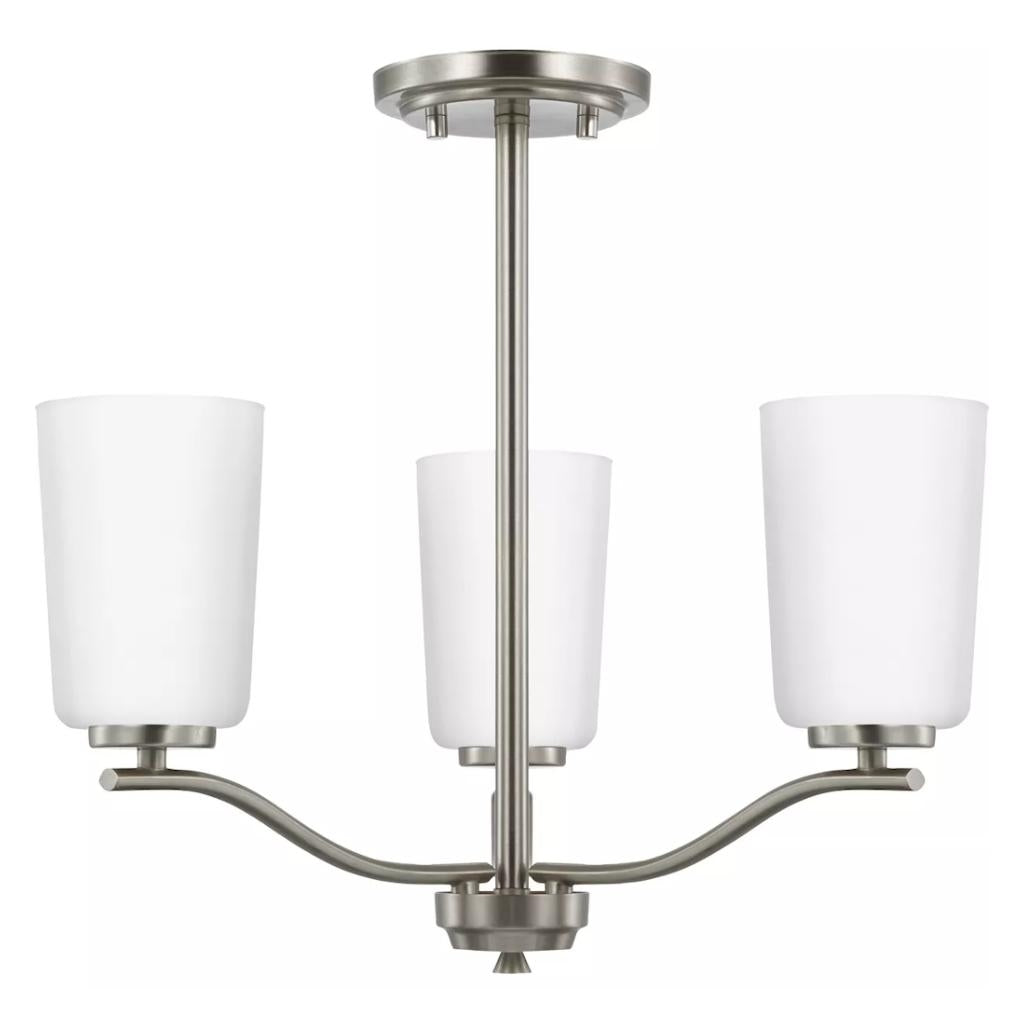 3 Light Brushed Nickel Etched White Glass Shade Convertible Chandelier Light Fixture 1
