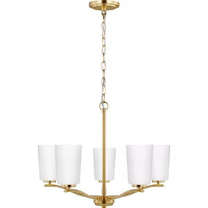 5 Light Satin Brass Etched White Glass Shade Chandelier Light Fixture 2