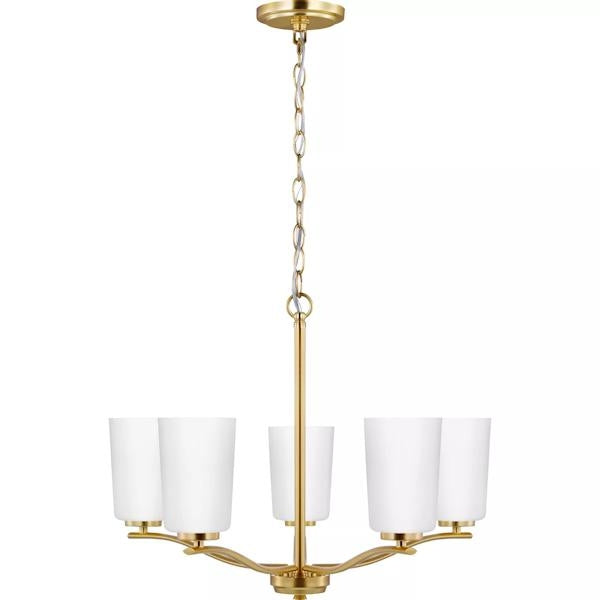5 Light Satin Brass Etched White Glass Shade Chandelier Light Fixture 2