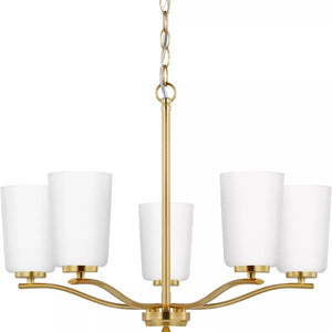 5 Light Satin Brass Etched White Glass Shade Chandelier Light Fixture 1
