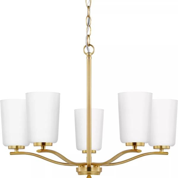 5 Light Satin Brass Etched White Glass Shade Chandelier Light Fixture 1