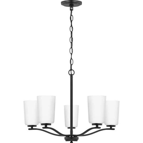 5 Light Matte Black Etched White Glass Shade Chandelier Light Fixture 2