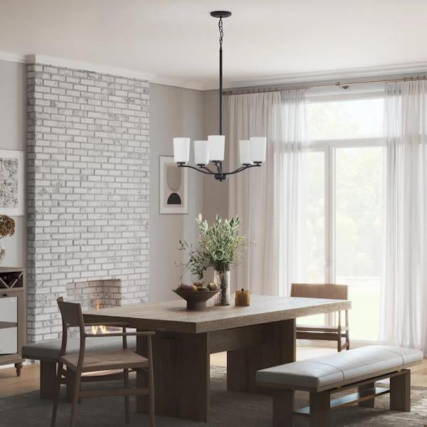 5 Light Matte Black Etched White Glass Shade Chandelier Light Fixture 3