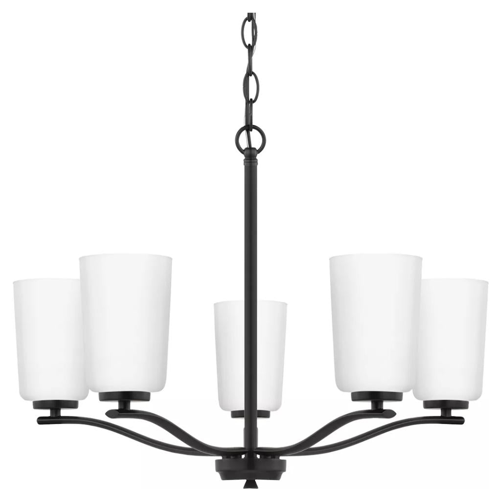5 Light Matte Black Etched White Glass Shade Chandelier Light Fixture 1