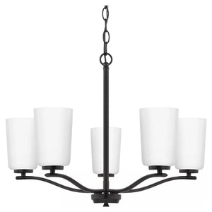 5 Light Matte Black Etched White Glass Shade Chandelier Light Fixture 1