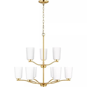 9 Light Satin Brass Etched White Glass Shade Chandelier Light Fixture 3