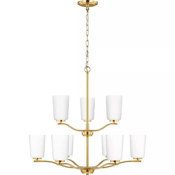 9 Light Satin Brass Etched White Glass Shade Chandelier Light Fixture 3