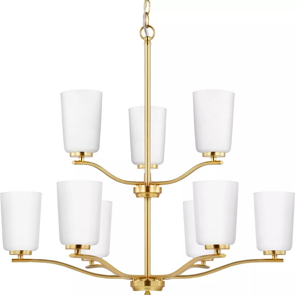 9 Light Satin Brass Etched White Glass Shade Chandelier Light Fixture 1