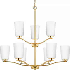 9 Light Satin Brass Etched White Glass Shade Chandelier Light Fixture 1