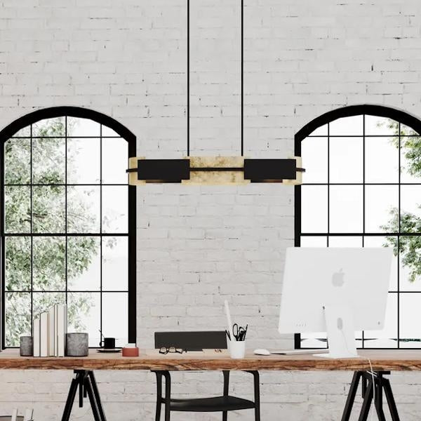 4 Light Textured Black Distressed Gold Leaf Accent Linear Chandelier Light Fixture 4