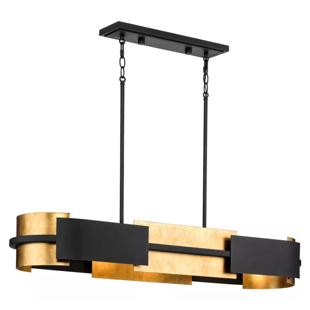 4 Light Textured Black Distressed Gold Leaf Accent Linear Chandelier Light Fixture 1