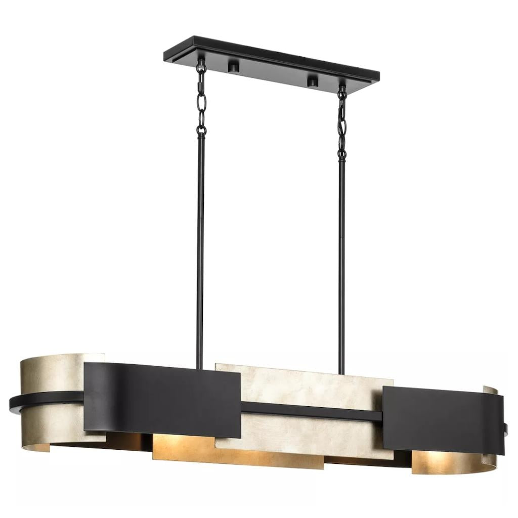 4 Light Textured Black Aged Silver Leaf Accent Linear Chandelier Light Fixture 1