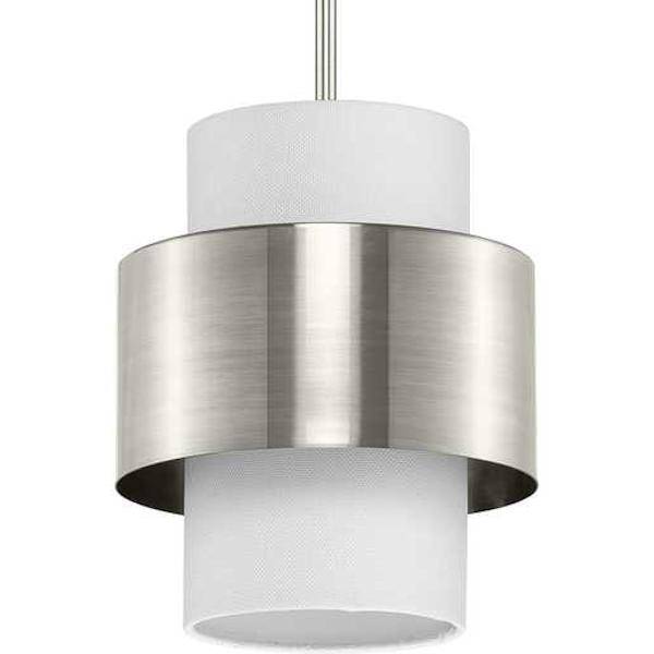 1 Light Brushed Nickel White Linen Shade Pendant Light Fixture 1