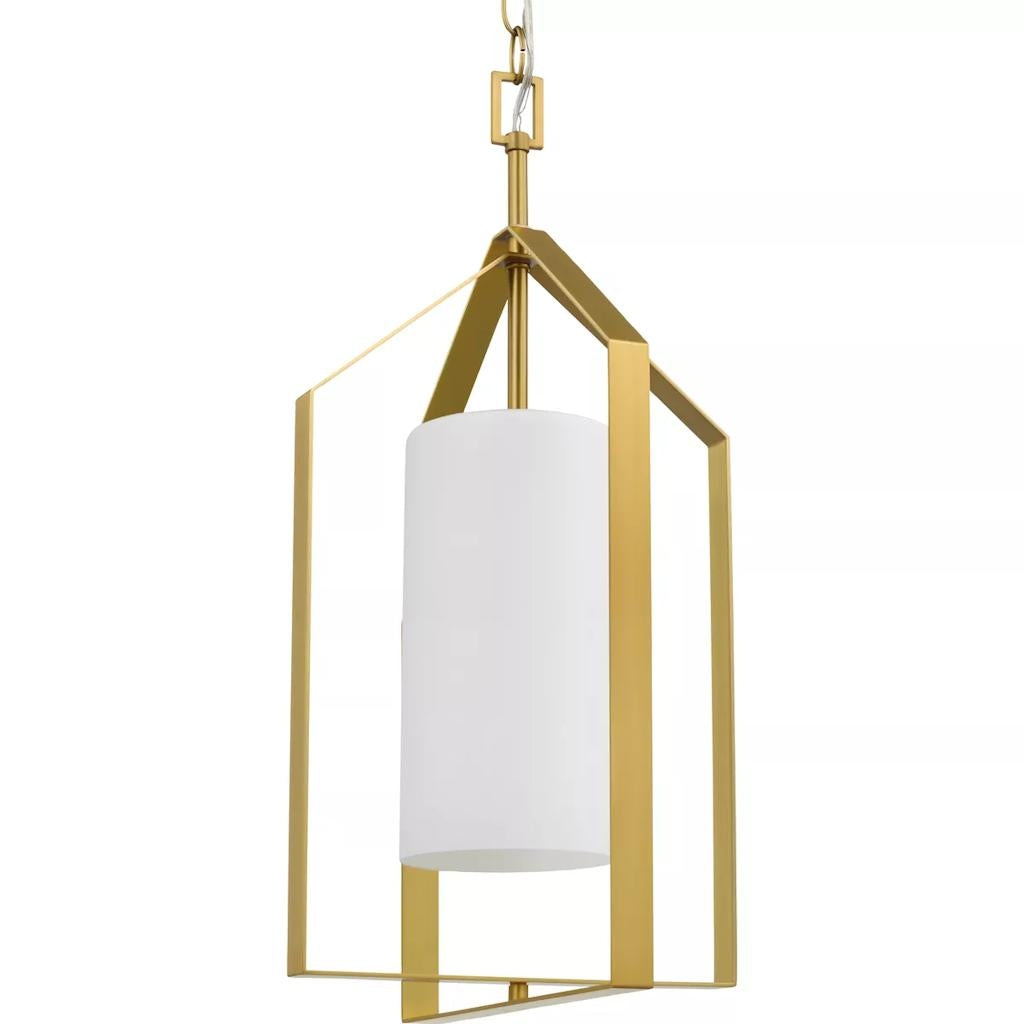 1 Light Brushed Gold Etched White Glass Shade Pendant Light Fixture 1