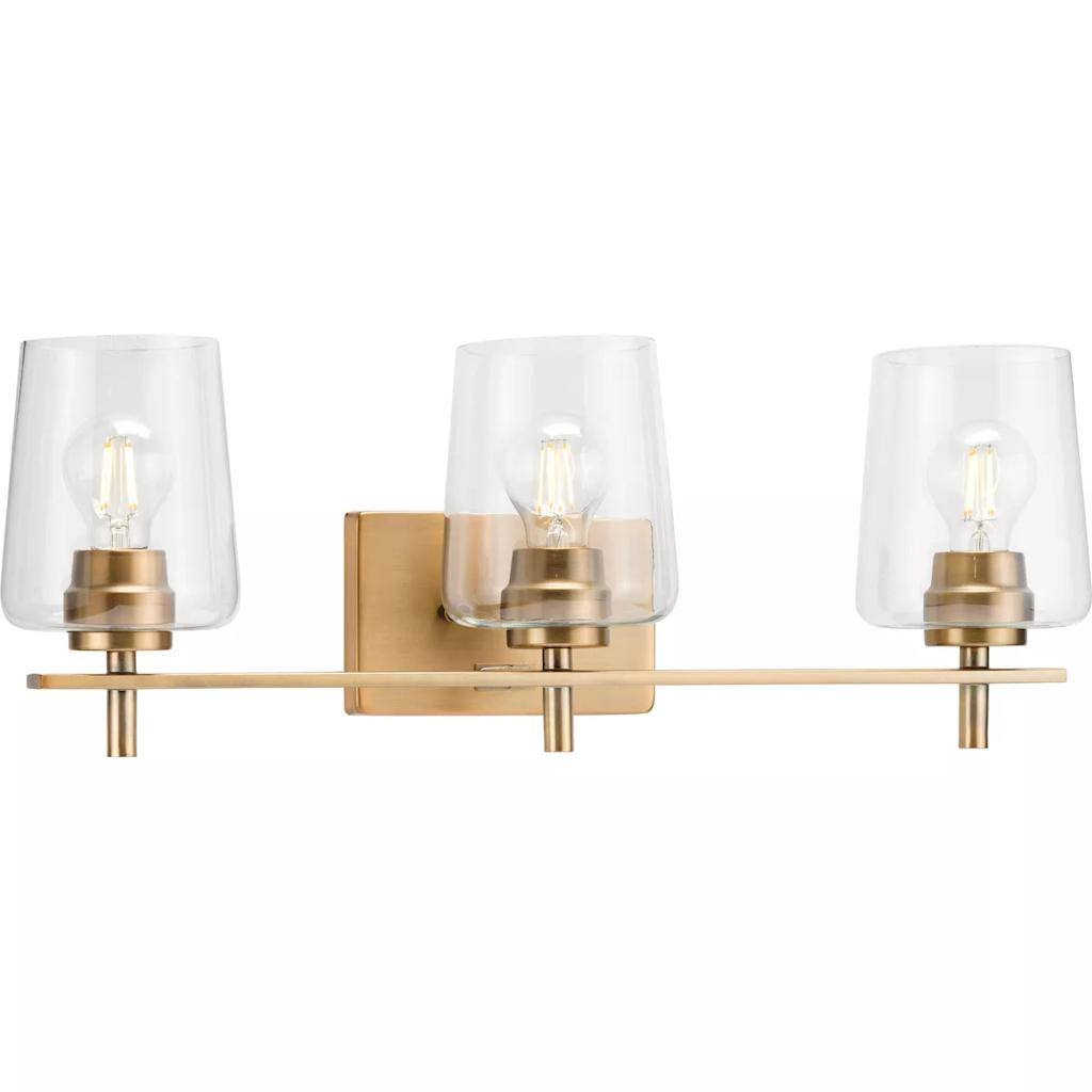 3 Light 120 volt Vintage Brass Vanity Clear Glass Light Fixture 1