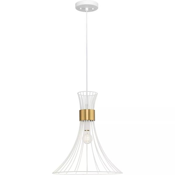 1 Light Satin White Brushed Bronze Accent Mid-Century Modern Style Pendant Light Fixture 2