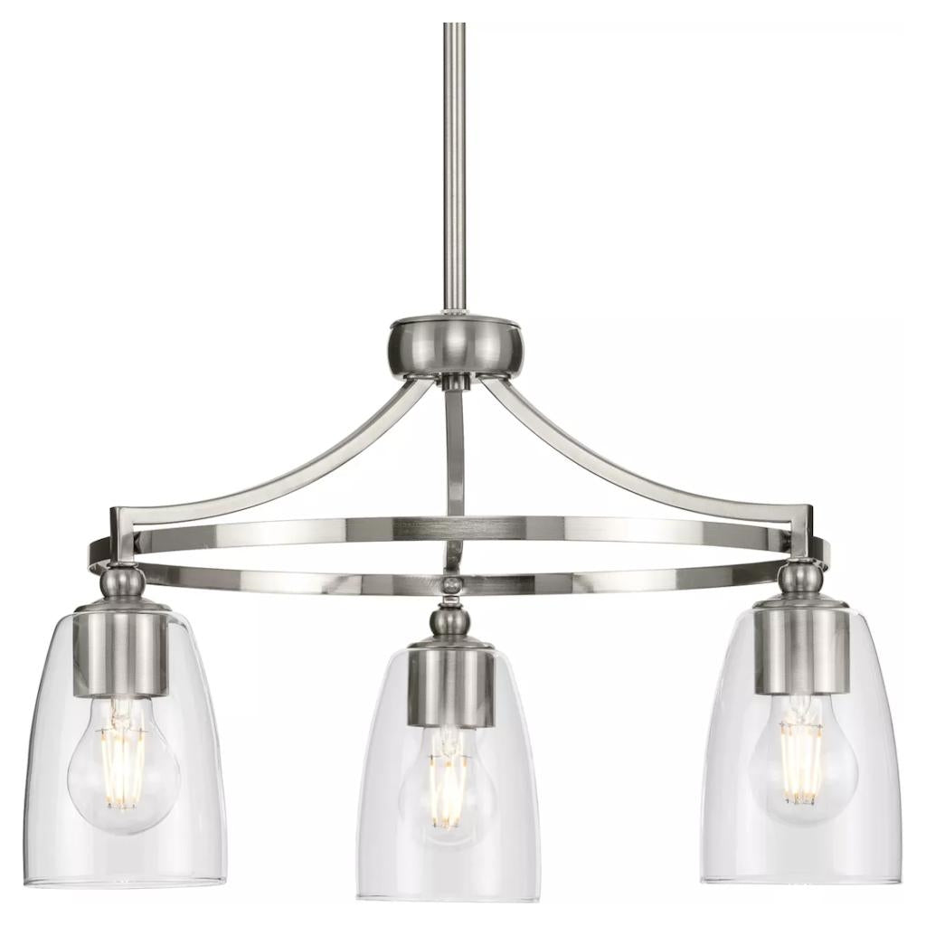 3 Light Brushed Nickel Clear Glass Shade Chandelier Light Fixture 1