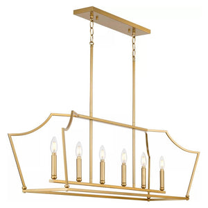 6 Light Brushed Bronze Clear Etched Shade Linear Chandelier Light Fixture 1