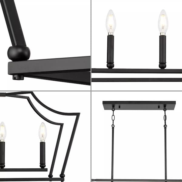 6 Light Matte Black Clear Etched Shade Linear Chandelier Light Fixture 2