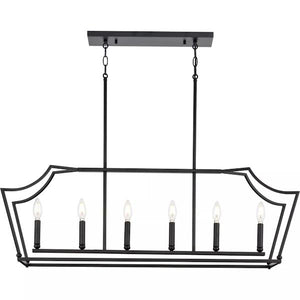 6 Light Matte Black Clear Etched Shade Linear Chandelier Light Fixture 3