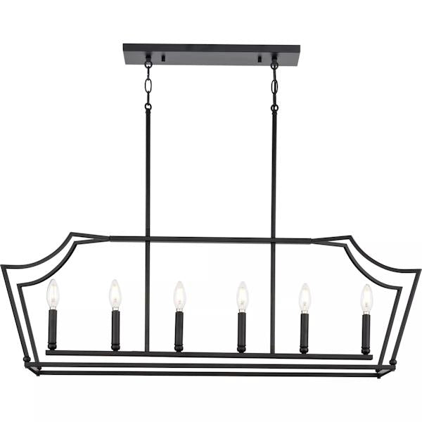 6 Light Matte Black Clear Etched Shade Linear Chandelier Light Fixture 3