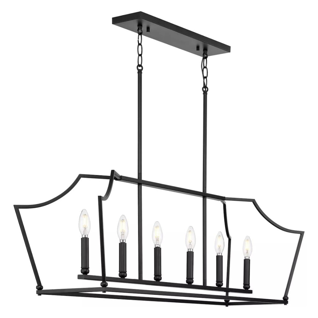 6 Light Matte Black Clear Etched Shade Linear Chandelier Light Fixture 1