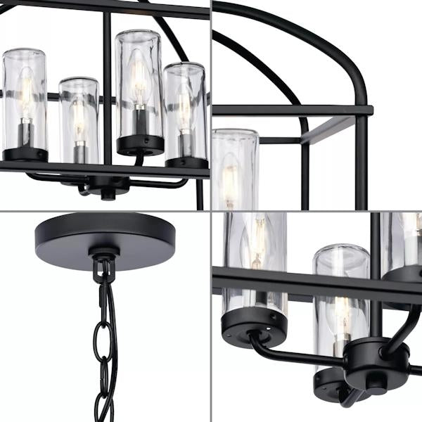 4 Light Matte Black Clear Glass Cylindrical Shade Chandelier Light Fixture 2