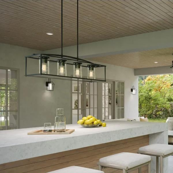4 Light Matte Black Clear Glass Cylindrical Shade Chandelier Light Fixture 2