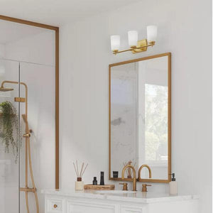 3 Light 120 volt Satin Brass Vanity Etched Opal Glass Light Fixture 4